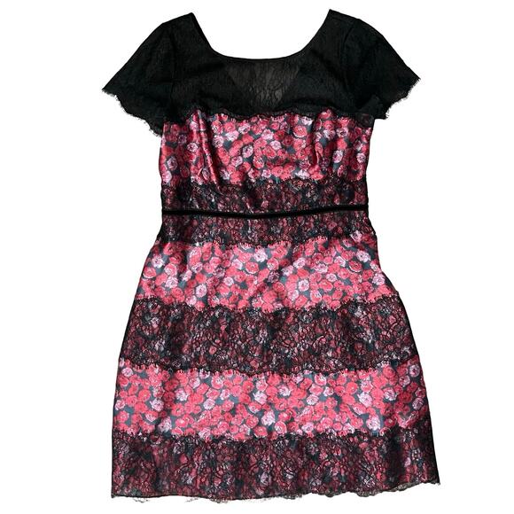 Kay Unger New York Black Pink Cap Sleeve Floral Lace Accent Mini Dress size L - Picture 2 of 10